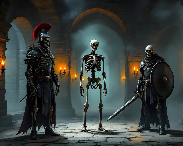 Armored Skeleton Warriors in Dimly Lit Chamber