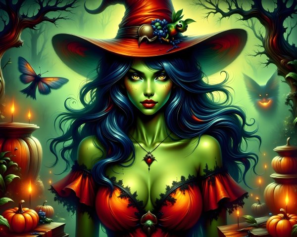 Green-Skinned Witch in Mystical Forest Setting