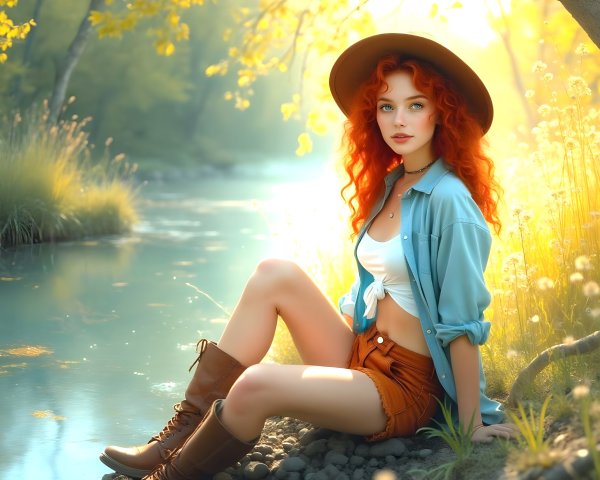 Young Woman by Serene River in Golden Sunlight