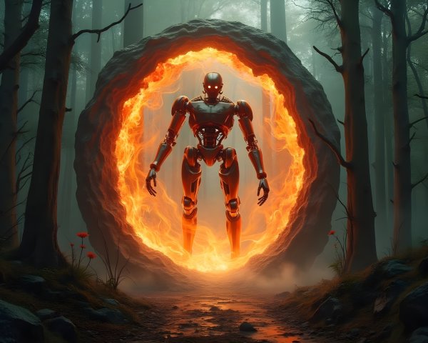 Futuristic Robot at Glowing Portal in Misty Forest