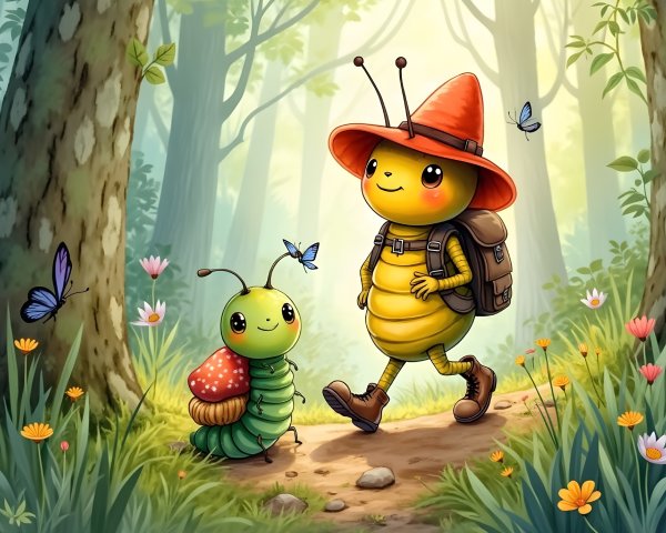 Whimsical Forest Scene with Colorful Insects and Flowers