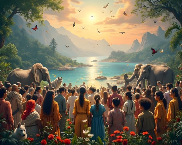 Diverse Group by Serene Lake with Elephants and Mountains