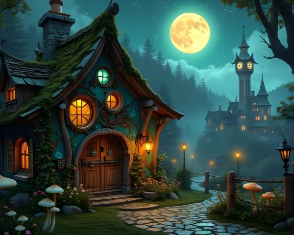 Whimsical Cottage Scene Under Full Moon and Clock Tower