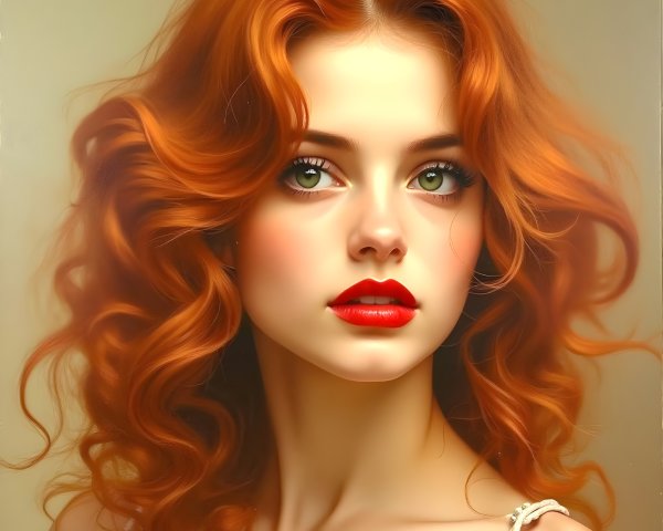 Portrait of a young woman with red hair and green eyes