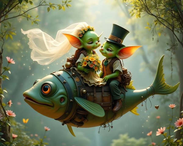 Whimsical Forest Scene with Steampunk Creatures