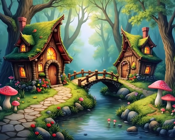Whimsical Forest Scene with Cottages and Stream