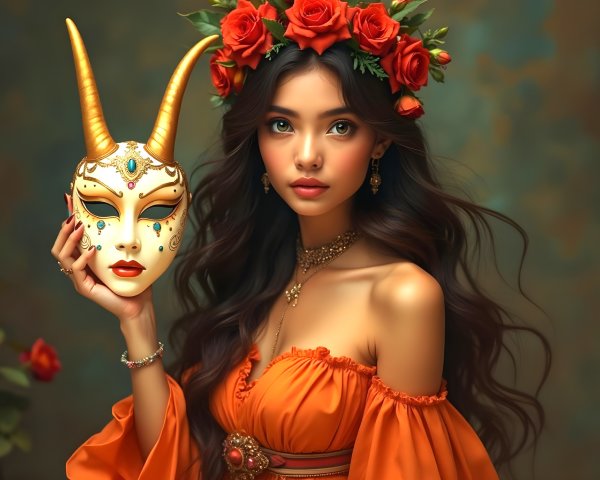 Elegant Woman in Orange Dress with Ornate Mask