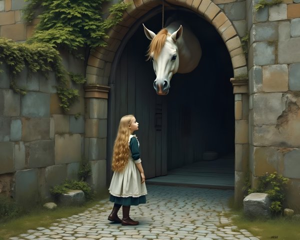 Medieval Scene of Girl and White Horse at Archway
