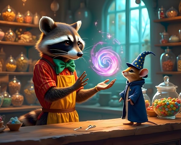 Whimsical Apothecary with Raccoon and Mouse Characters
