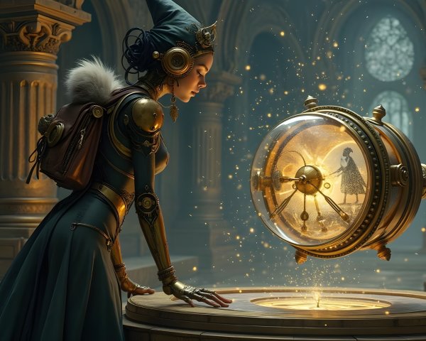 Steampunk Woman Observes Glowing Hourglass Device