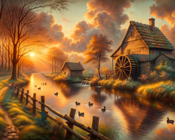 Serene River Sunset with Rustic Cottages and Watermill