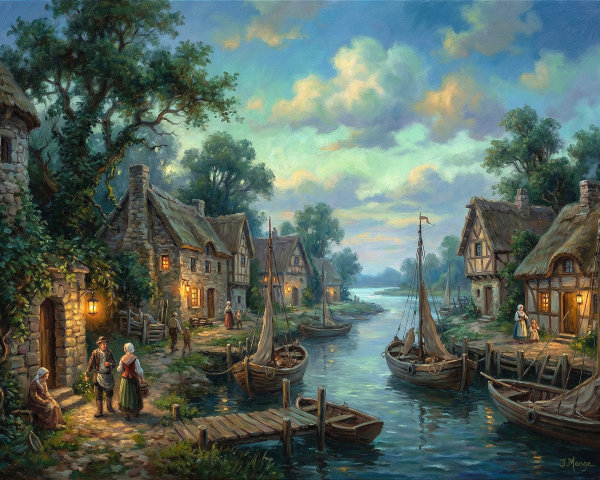 Serene English Countryside Village at Dusk Painting