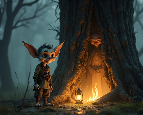 Cheerful Goblin in Enchanted Misty Forest Scene