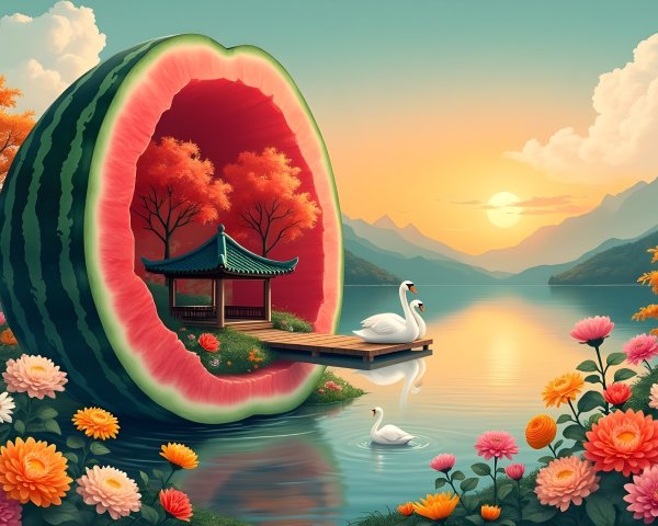 Watermelon Landscape with Pagoda and Swans