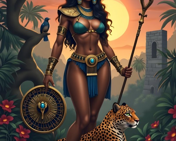 Warrior Woman in Turquoise Attire in Jungle Setting