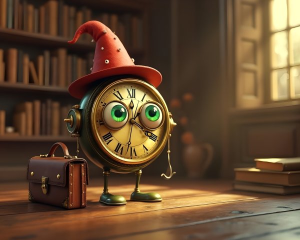 Whimsical Clock Character in Cozy Library Setting
