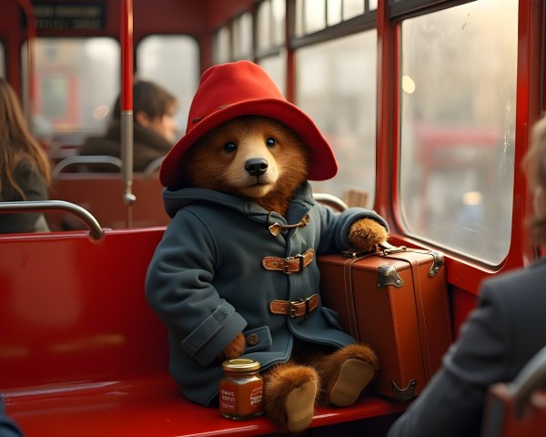 Bear in Red Hat on Bus with Marmalade and Suitcase