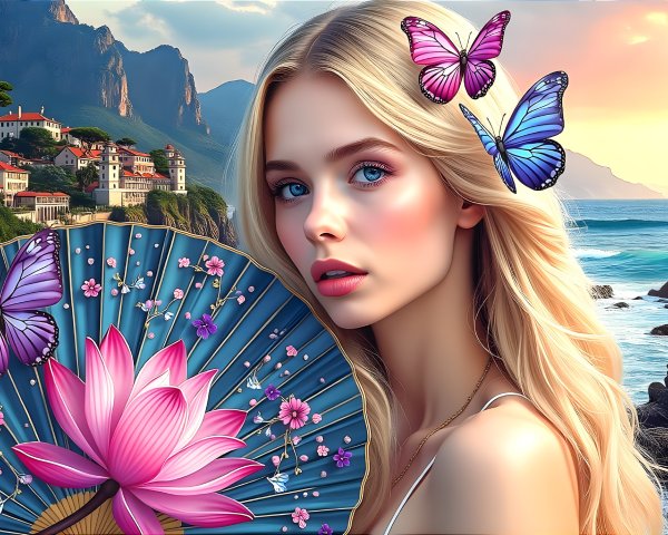 Young Woman with Fan in Coastal Town Setting