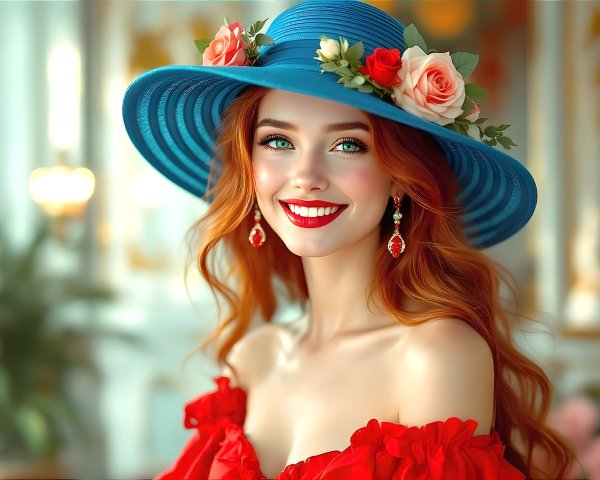 Young woman with red hair in floral blue hat and dress