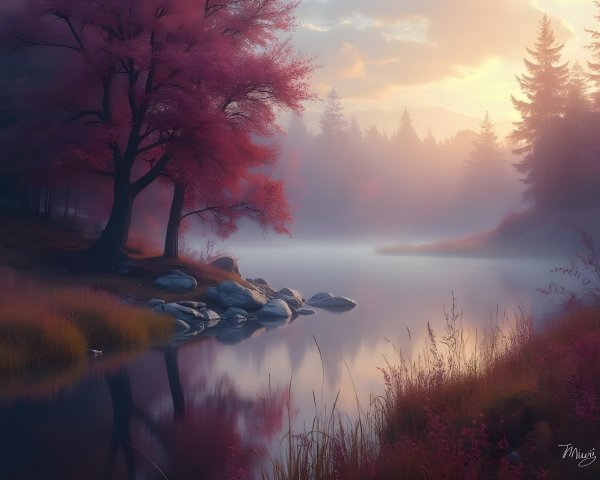 Tranquil Lake Surrounded by Autumn Foliage and Mist