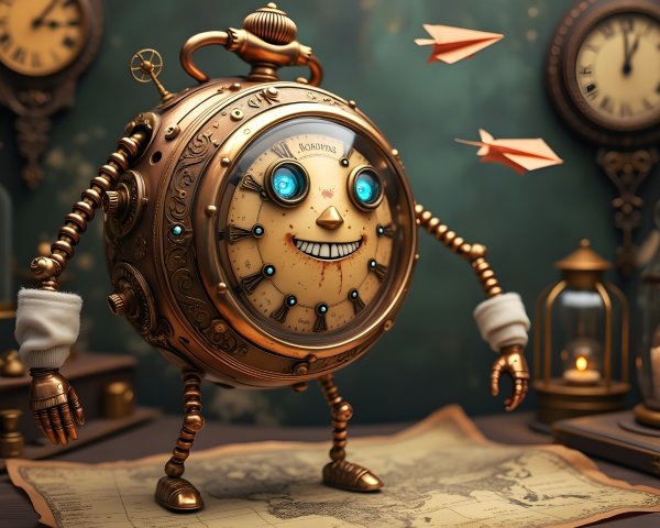 Whimsical Steampunk Clockwork Figure on Old Map