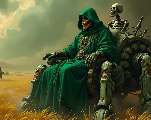 Cloaked Skeleton on Mechanical Throne in Wheat Field