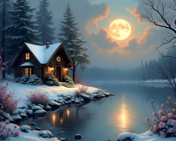 Cozy cabin by tranquil lake in snowy landscape