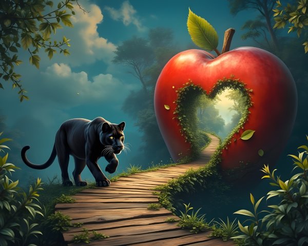 Black Panther on Path to Heart-Shaped Apple in Forest