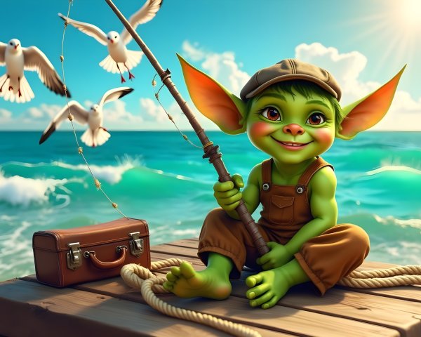 Whimsical Green-Skinned Creature Fishing on Pier