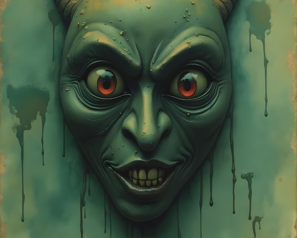 Menacing demon mask with twisted horns and glowing eyes