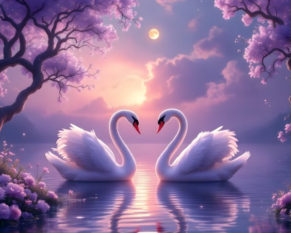 Swans on a tranquil lake under cherry blossoms at twilight