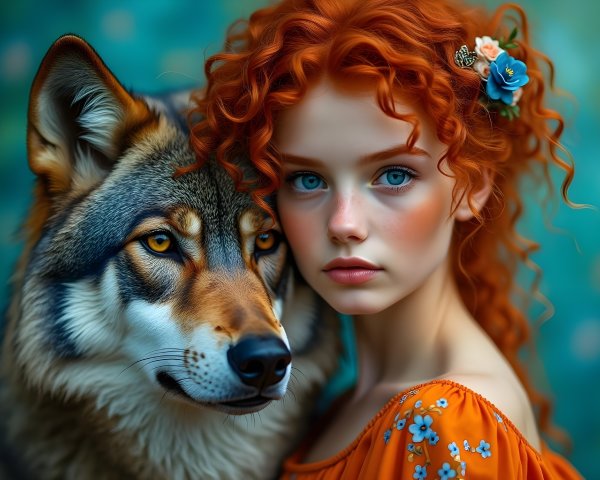 Young girl with red hair and wolf in soft background