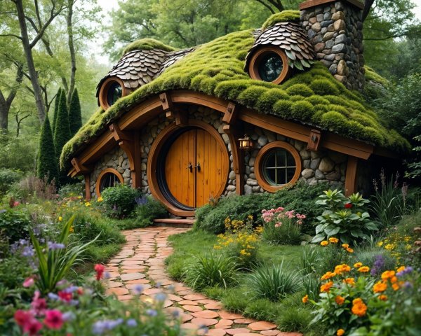 Whimsical Cottage with Moss Roof in Lush Garden
