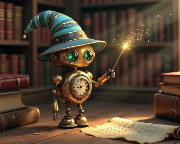 Whimsical Robot in Cozy Library with Magic Scroll