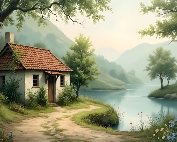 Cottage by a tranquil lake in a serene landscape