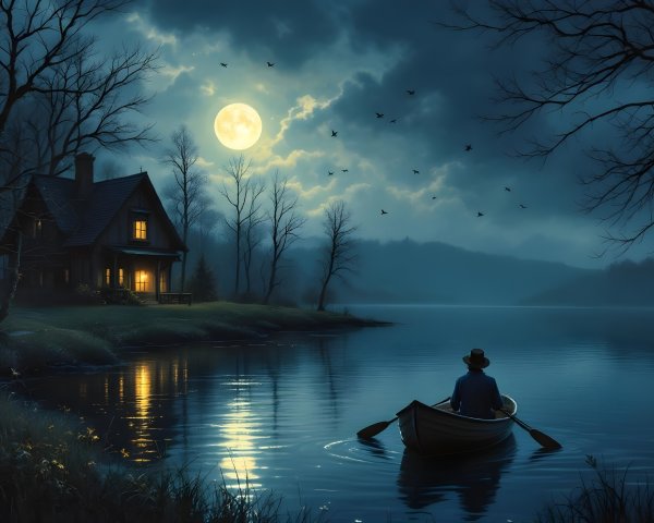 Serene Night Scene with Rowboat on Calm Lake