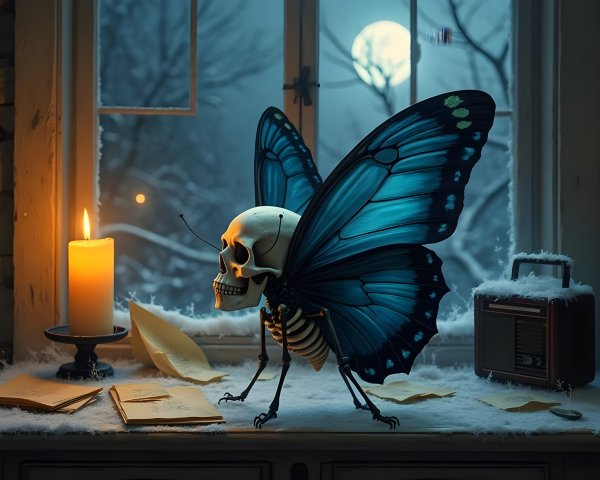Skull with Butterfly Wings in a Winter Landscape