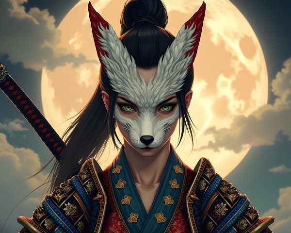 Warrior in Armor with Fox Spirit Elements Under Moonlight