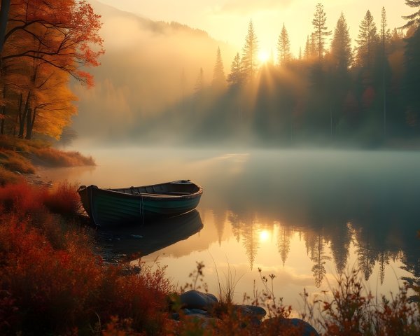 Serene dawn lake with mist and autumn foliage