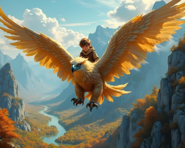 Young Boy Riding a Golden Griffin in Autumn Landscape