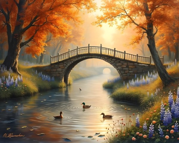 Serene Autumn Landscape with Stone Bridge and River