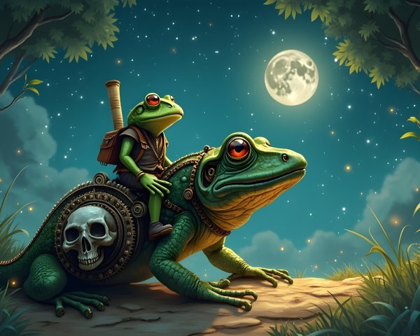 Whimsical Frogs in a Moonlit Adventure Scene