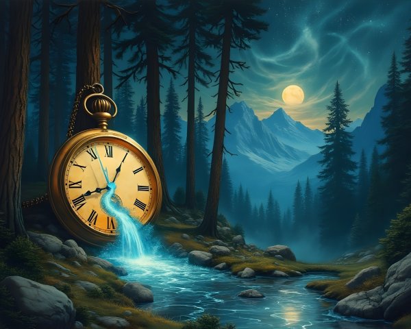 Majestic Night Landscape with Mountains and Pocket Watch