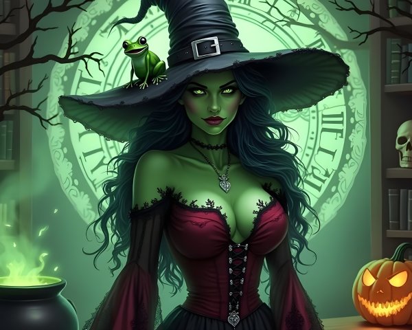 Witch Character in Mystical Setting with Cauldron