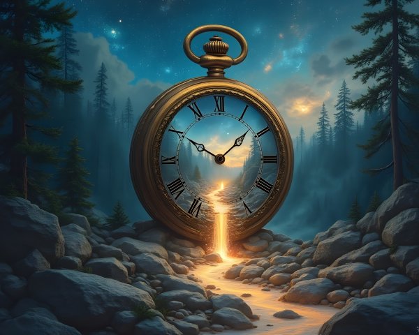 Golden Pocket Watch Surrounded by Forest and Rocks