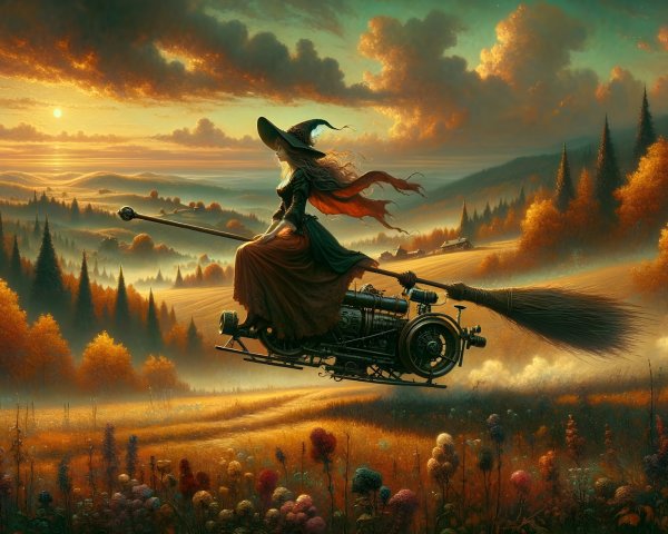 Witch on Mechanical Broomstick in Vibrant Landscape