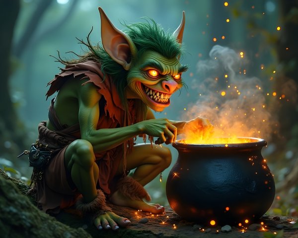 Mischievous Goblin by Bubbling Cauldron in Forest