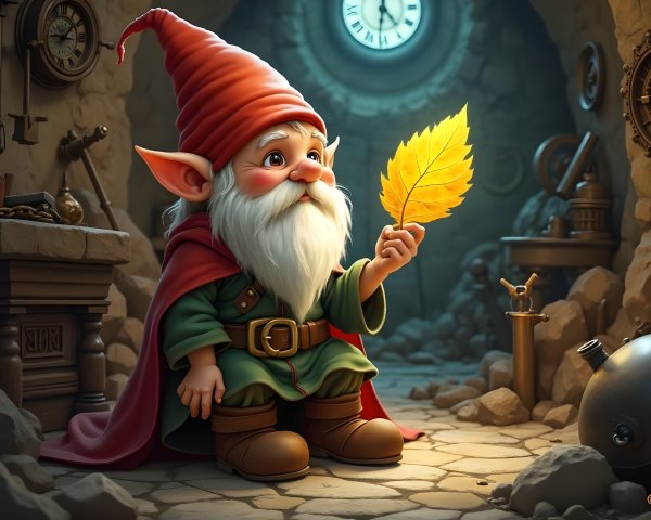 Gnome in Workshop Holding Yellow Leaf with Clock Ticking