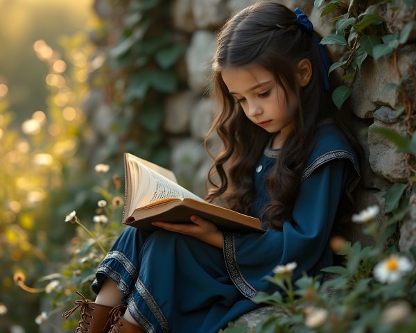 Young girl reading by a stone wall at sunset