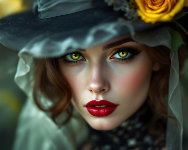 Portrait of a Young Woman with Green Eyes and Hat
